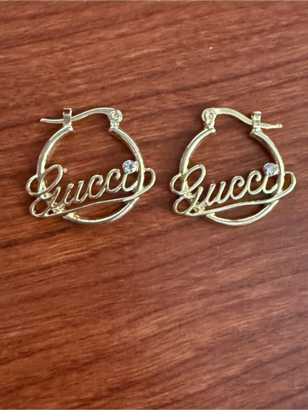 Fashion Jewelry Gold 'Gucci' Script Hoop Earrings with Crystal Accent